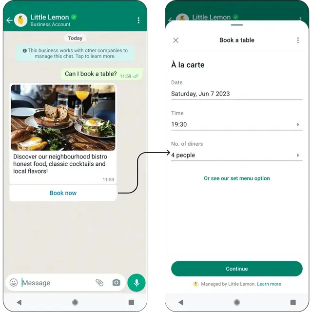 WhatsApp Flows booking example showing a table reservation flow inside WhatsApp