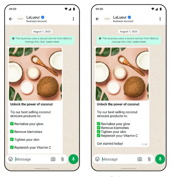 WhatsApp message template example showing promotional product messages
